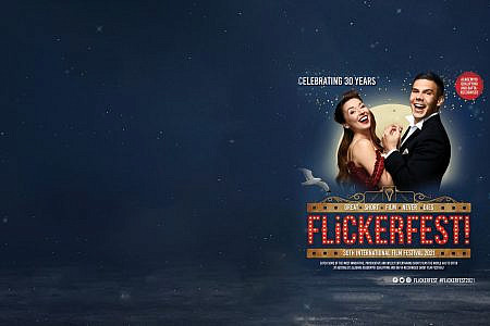 Moulin Rouge style movie poster featuring two people singing in front of a full moon, one in a glamourous red dress and one in a tuxedo. Text reads: