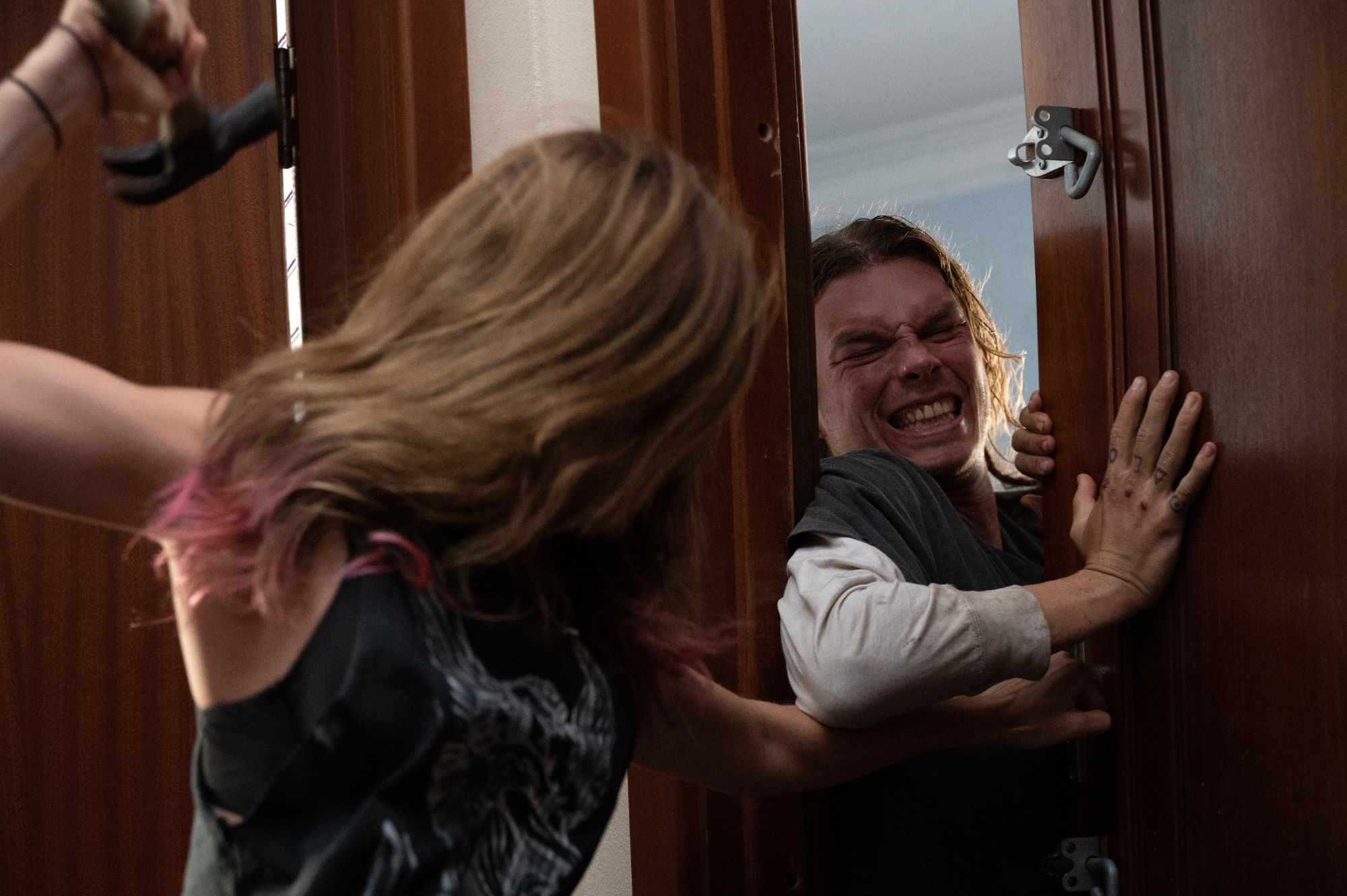 Jade (LEILA GEORGE) smashes Max (SAM CORLETT) in the leg after he tries to escape. David Dare Parker Jade (LEILA GEORGE) smashes Max (SAM CORLETT) in the leg after he tries to escape. David Dare Parker