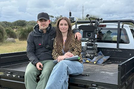 Dacre Montgomery and Jory Anast on location. Photo taken by Nash Edgerton.