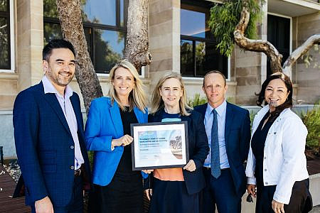 Screenwest being presented with a $10.8 million grant from Lotterywest for 2025-26. L-R: Screenwest Board Member Michael Scott, Screenwest CEO Rikki-Lea Bestall, Minister for Creative Industries, Hon Simone McGurk MLA, Lotterywest Board Member Guy Singleton, Lotterywest Acting CEO Lorna Pritchard.